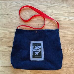 Handmade Navy Tote Bag with Red Strap